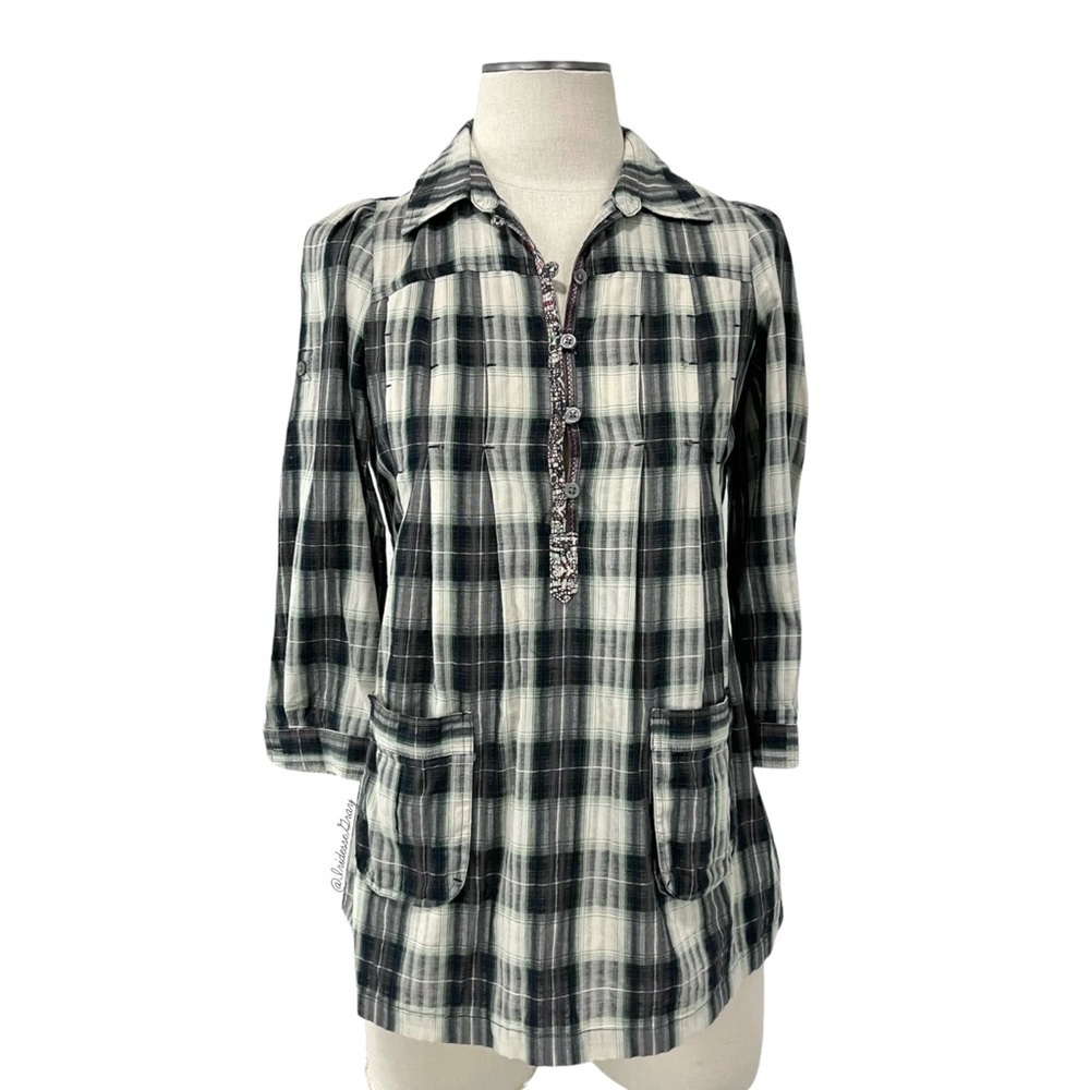 Free People- Black Cream Plaid Fitted Tunic Size 0